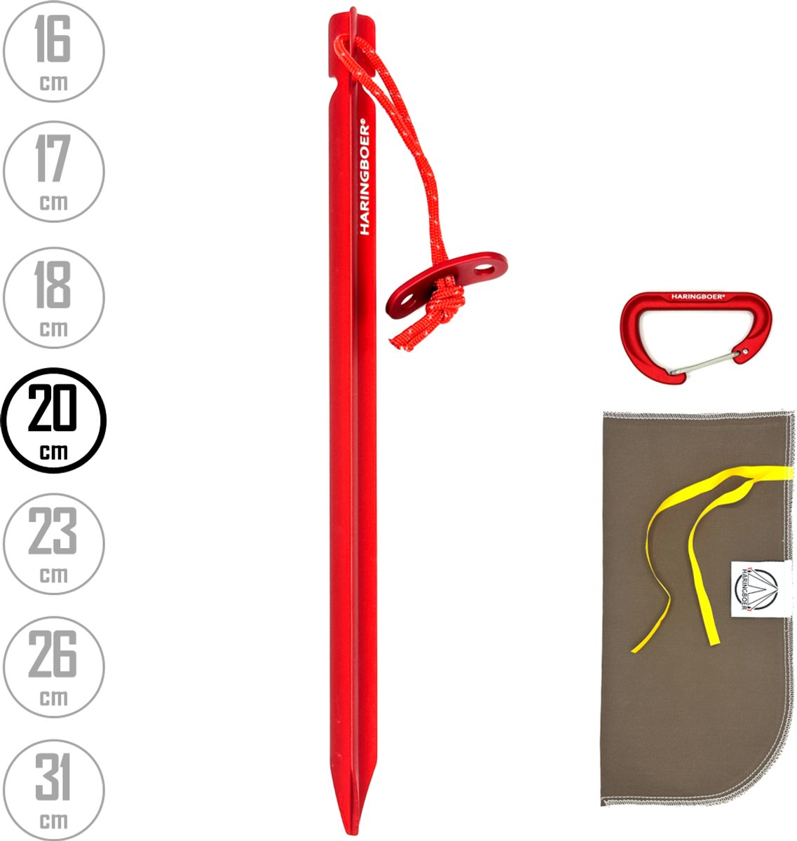 Tentharingen Aluminium 20 cm - 12x Grondpennen voor Tent met PegPull® - Incl Haringzak & Carabiner - Haringboer®