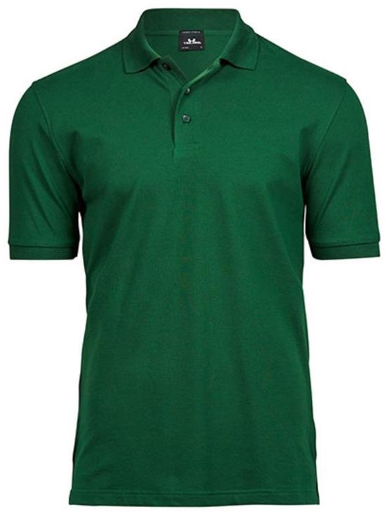 Donkergroen poloshirt met korte mouwen en knoopjes aan de hals.