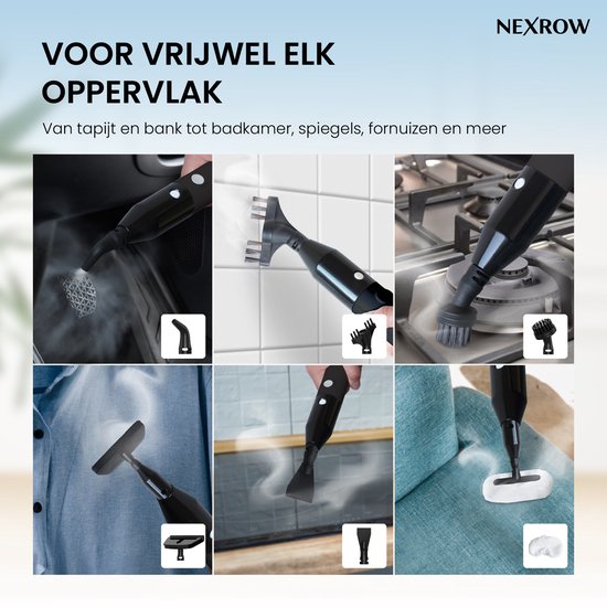 Demonstratie van NEXROW vlekkenreiniger voor diverse oppervlakken zoals tapijt, badkamer, fornuis en kleding.