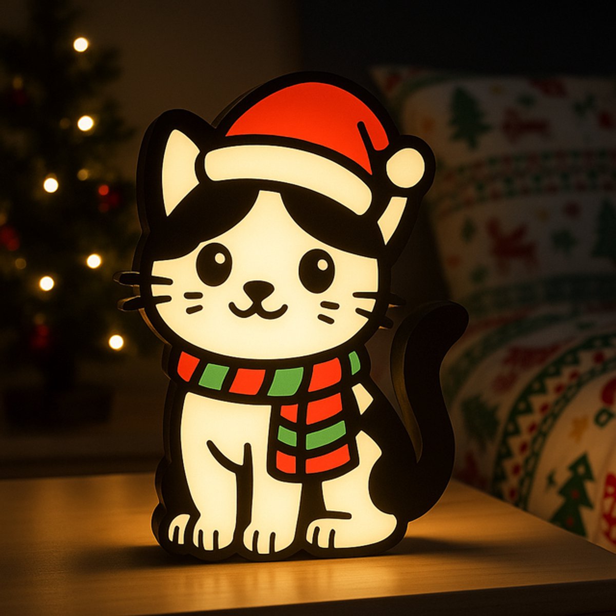 Kerst Kat Nachtlampje – 3D Cartoon Lightbox voor Kinderen, Warm Licht, USB, Origineel Cade