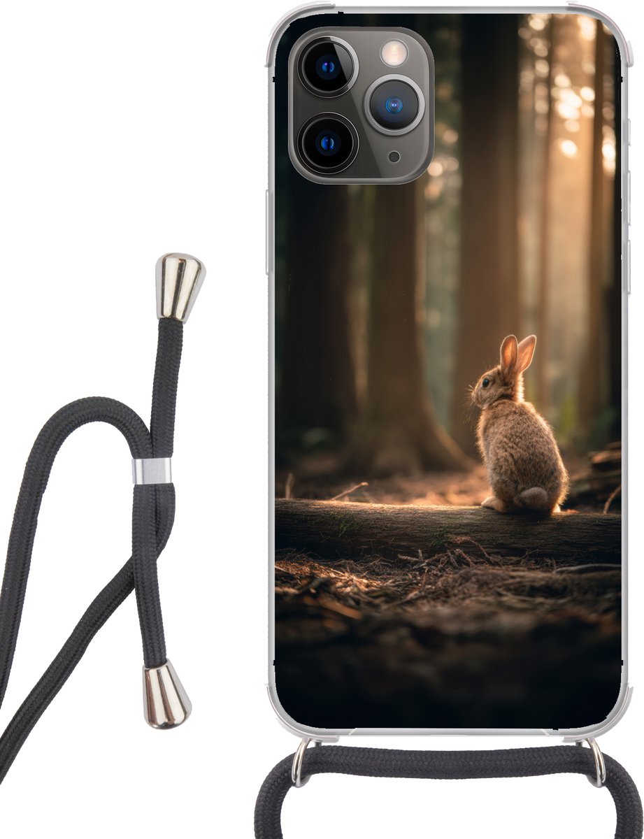 Telefoonhoesje Geschikt voor iPhone 11 Pro - Konijn - Bos - Zonnestralen - Siliconen - Crossbody - Backcover met Koord - Telefoonhoesje met koord - Hoesje met touw Telefoonhoesje