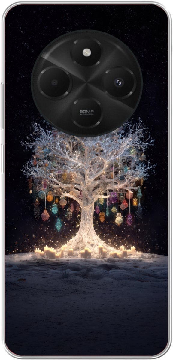Telefoonhoesje Geschikt voor Xiaomi Geschikt voor Poco C75 (5G) hoesje - Sneeuwboom - Lichtjes - Wit - Kleurrijk - Siliconen Telefoonhoesje Telefoonhoesje