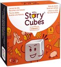 Doos van Rory's Story Cubes Classic met speelse afbeeldingen van een lamp, vliegtuig, bij, bloem, slot, sleutel, appel, piramide en een vrolijke dobbelsteen.