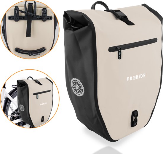 Proride® Enkele Fietstas - 100% Waterdicht - 28 Liter - Pakaftas Elektrische Fietsen - Schoudertas - Inclusief Schouderband en Laptophoes - Bagagedrager - Reflector - Magnetische sluiting - Beige - Fietszakken