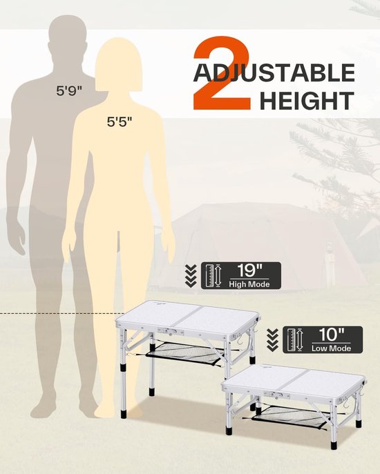 Sportneer Opvouwbare campingtafel, in hoogte verstelbaar, kleine klaptafel, draagbare campingtafel (59,9 cm L x 39,9 cm B (2 hoogte)) met netlaag voor buiten van Sportneer — afbeelding 4