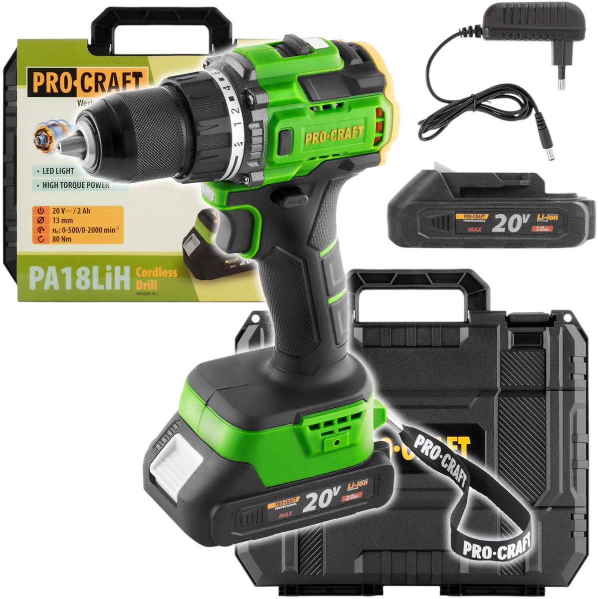 Procraft PA18LiH-1B-C accuboormachine 20 V 80 Nm borstelloos + 1x accu 2,0 Ah + oplader + koffer