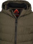Olijfgroene jas met capuchon, rits, Superdry logo en label.