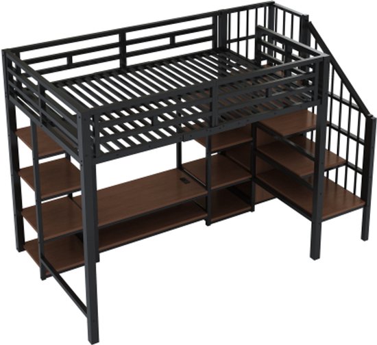 Kinderstapelbed 90x200cm & 140x200cm Met Reling, Raam, Schuine Ladder En Laden Wit Natuurlijke Kleuren