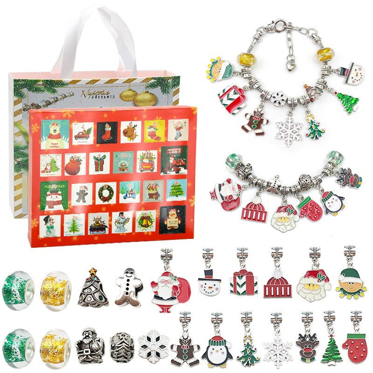 Calendrier de l'Avent 24 heures, boîte surprise, bracelet argenté à créer soi-même, cadeau de Noël
