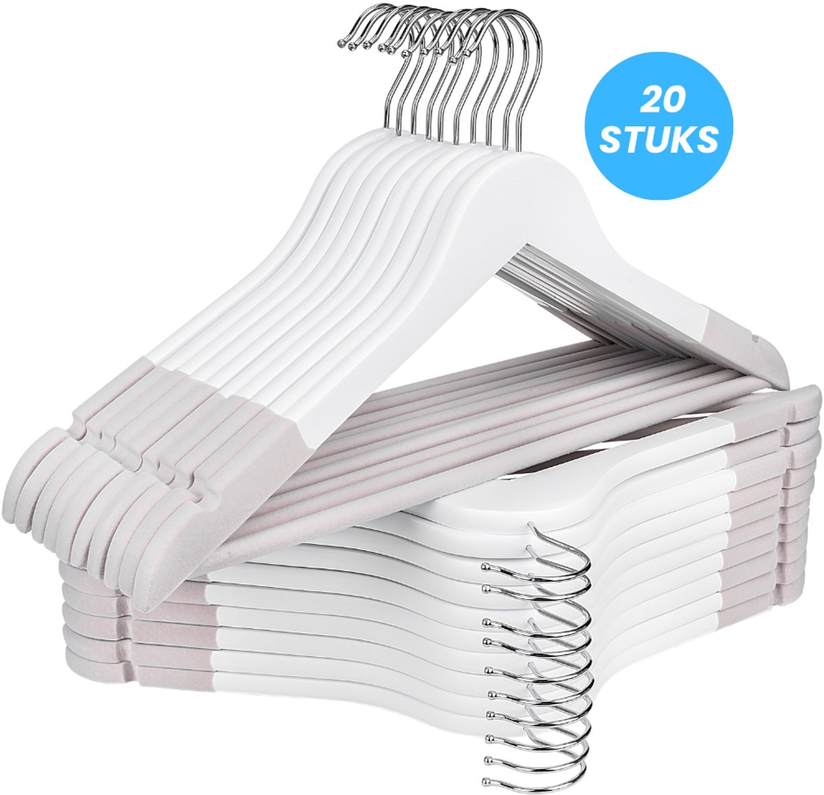 Monza Home® Kledinghanger – Kleerhangers - Antislip Fluweel & Hout – Wit – Set van 20 stuks