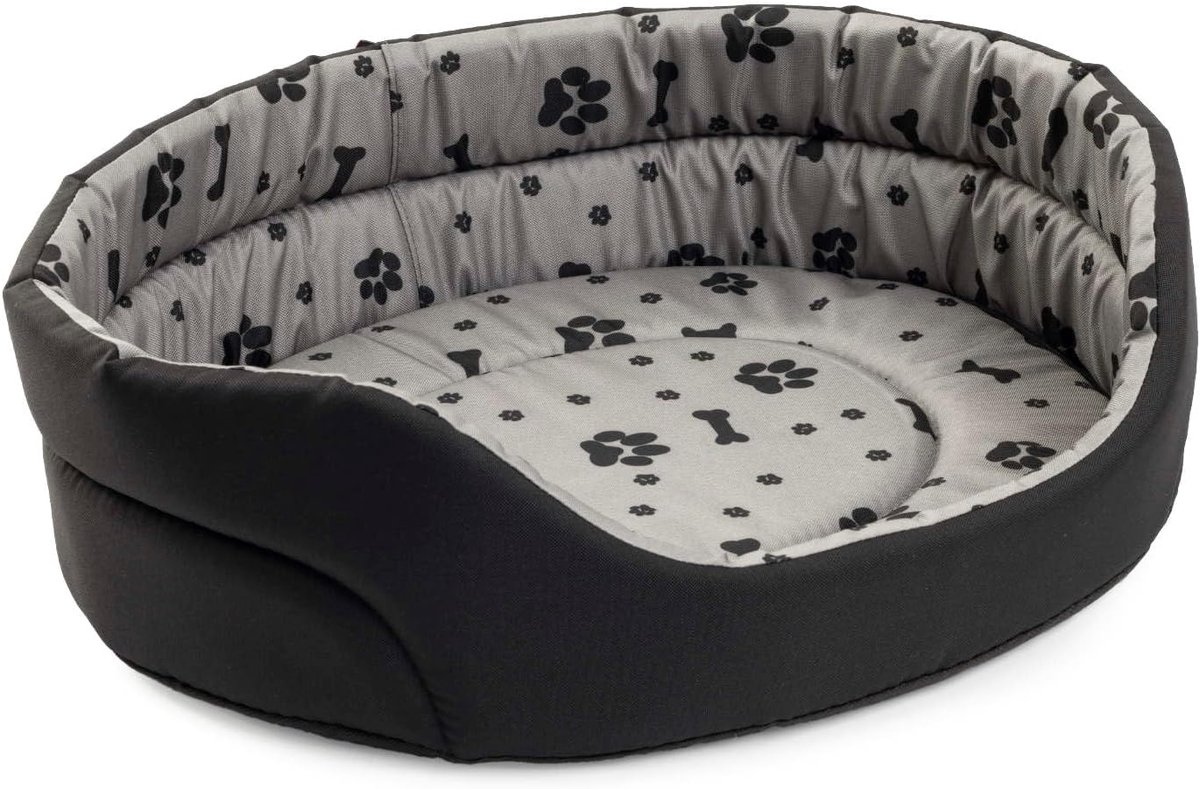 HONDENMAND MATRAS BED R3 55x46 cm ZWART EN GRIJS PATROON MET HONDENPOOTJES