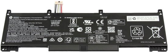 Batterie HP RH03XL noire, 45Wh, avec divers logos, spécifications et avertissements.