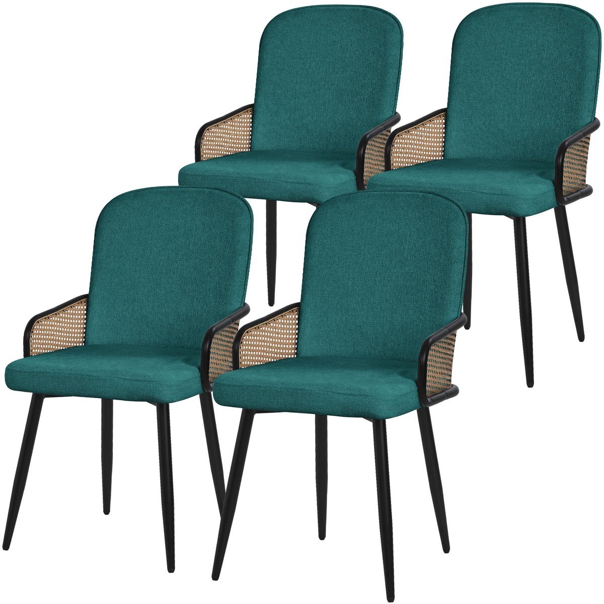 ml-design eetkamerstoelen set van 4 benzine gestoffeerde keukenstoelen met armleuningen en rugleuning rotanlook comfortabele ergonomische stoffen eetkamer fauteuils met metalen poten luxe lounge accentstoelen voor eettafel en woonkamer Petrol