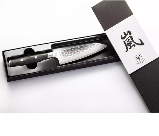 Yaxell Japonais - Série Tsuchimon - Couteau de Chef Santoku - Acier VG10 - 61 HRC - Lame 12,5 cm - 3 Couches d'Acier Damas - Manche Toile-Micarta