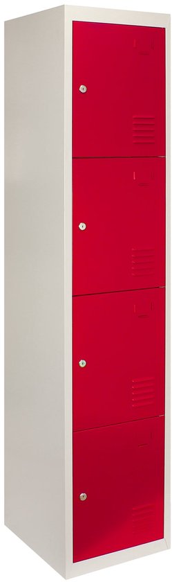 Slanke rode locker met 4 deuren en een grijze kast, staand op witte achtergrond.