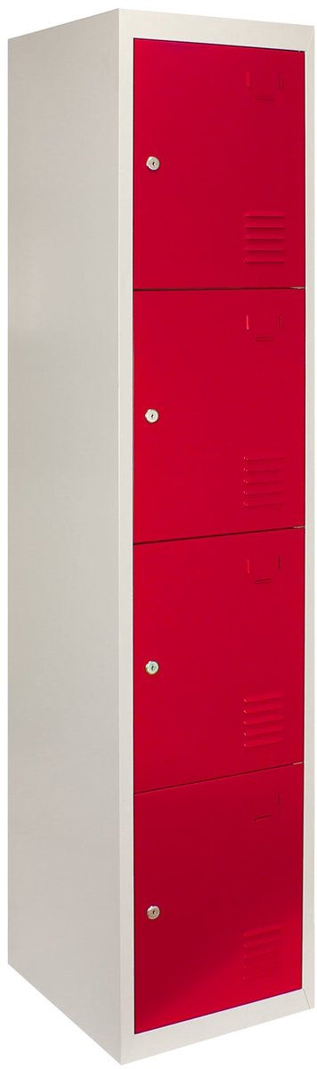 4-Deurs Metalen Locker Rood, Sleutels & Ventilatie, 180x38x45cm