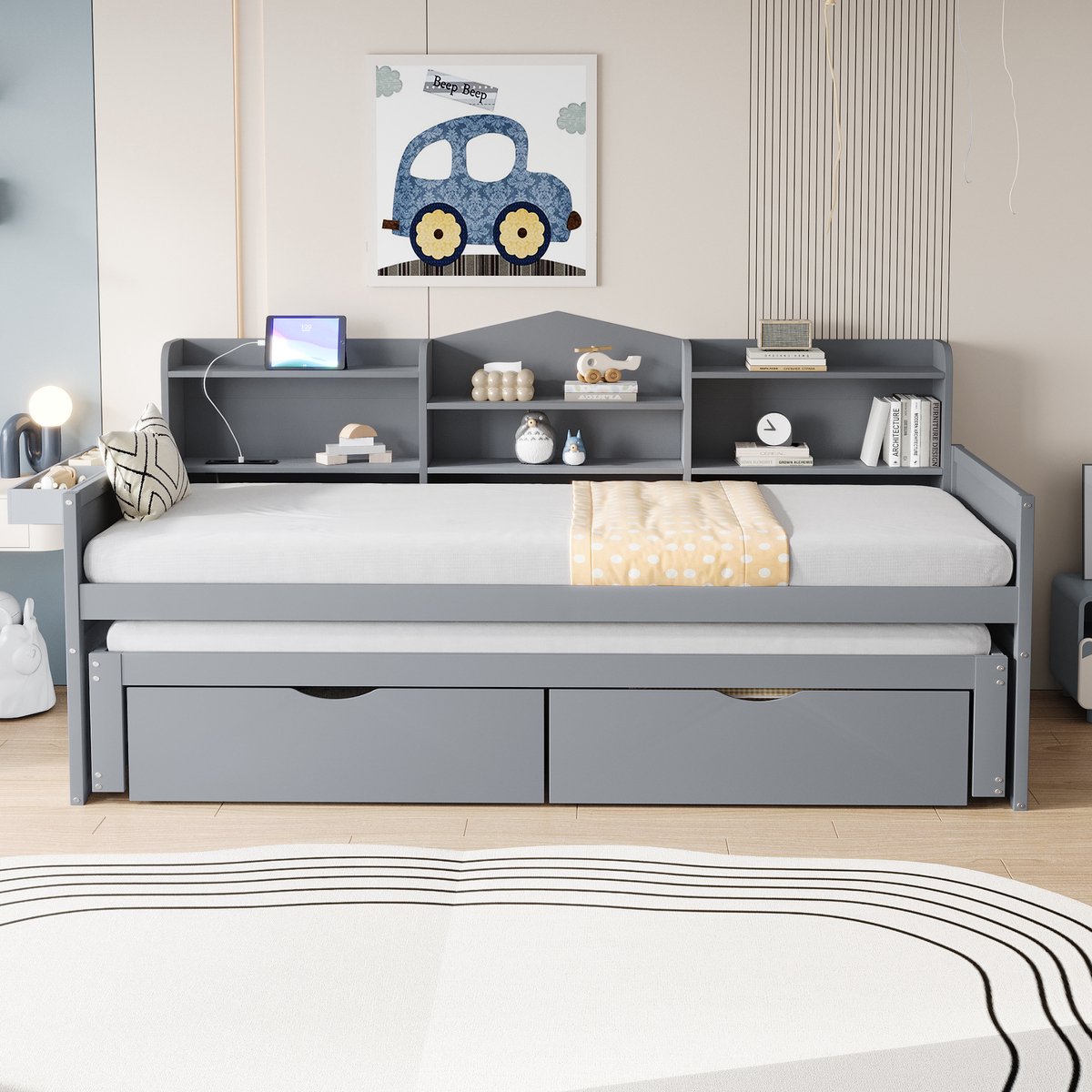 SONNENH Slaapbank 90x200 - Uitschuifbaar bed 90x190 - 2 Opbergladen - Opbergvak en Opbergmand - USB-poort - Massief hout - Multifunctioneel Grijs