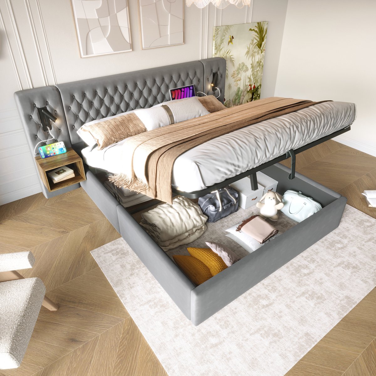 Tweepersoonsbed 160x200 cm - Grijs fluweel - Lattenbodem - 2 Nachtkastjes - USB-C Leeslamp
