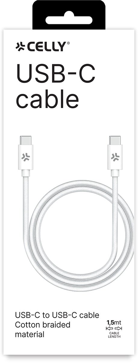 Celly USB-C naar USB-C kabel – Voor Android & iPhone - Katoen Gevlochten – Tot 100 Watt - Duurzaam en stevig - 1,5 meter - Wit