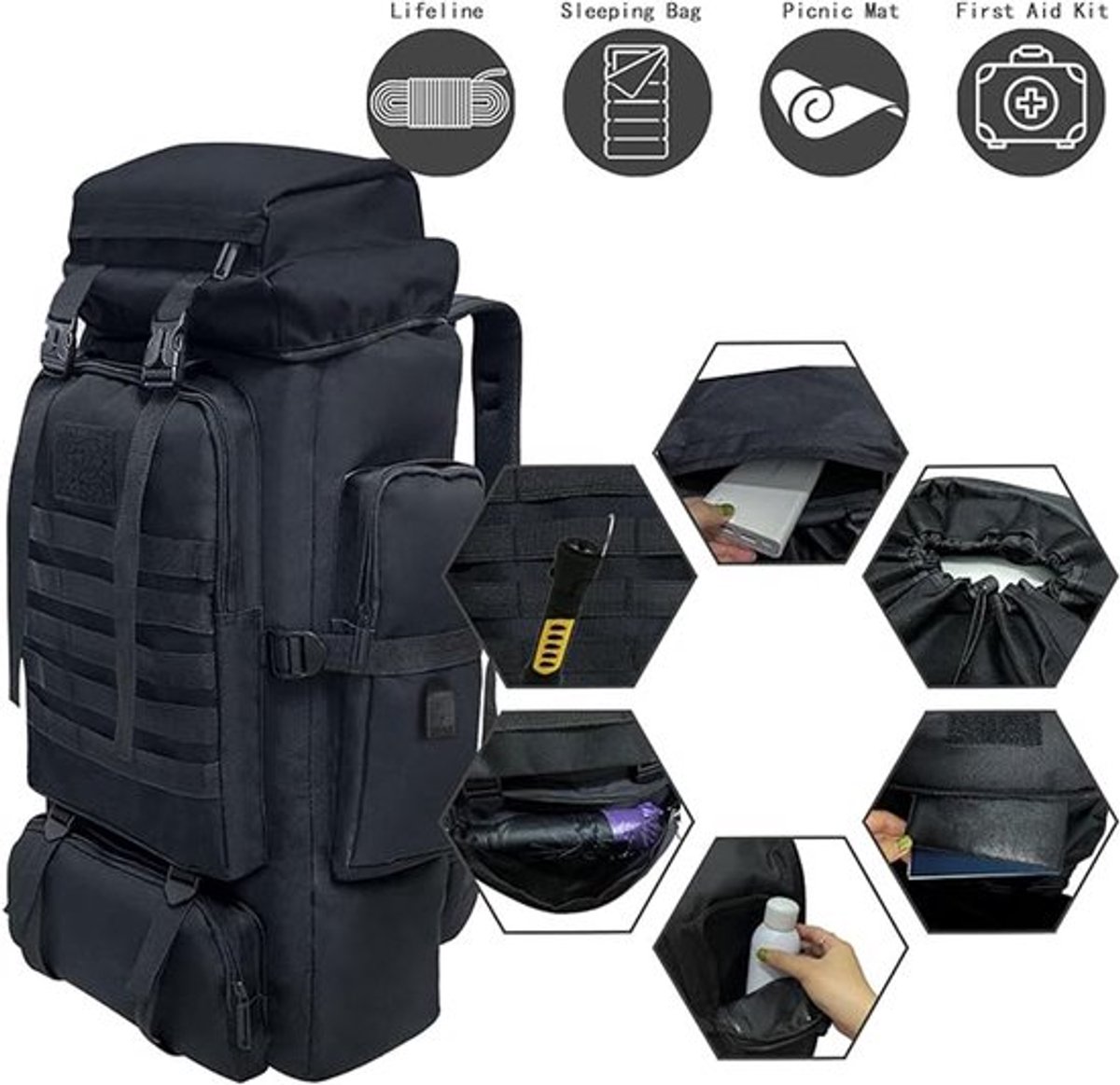 Vaupan 80l Camping Wandelen Rugzak, Grote Militaire Tactische Rugzak, Waterdichte Reizen Daypack met karabijnhaak Outdoor MOLLE rugzak voor Mannen Vrouwen (Zwart