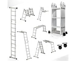OUTIGO multifunctionele ladder - 7 in 1 - opvouwbaar - aluminium - met 2 wielen - geschikt voor huishoudelijk gebruik - maximale belasting 150 kg - 12 treden - Totale lengte 3,5 meter