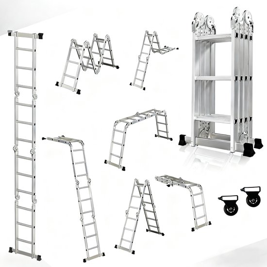 Foto: Outigo multifunctionele ladder 7 in 1 opvouwbaar aluminium met 2 wielen geschikt voor huishoudelijk gebruik maximale belasting 150 kg 12 treden totale lengte 3 5 meter