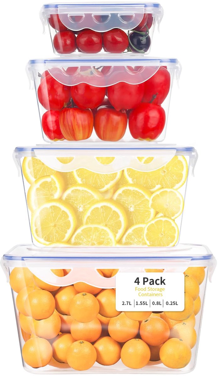 Unyqoos® Set van 4 transparante, luchtdichte voedselcontainers voor diverse toepassingen