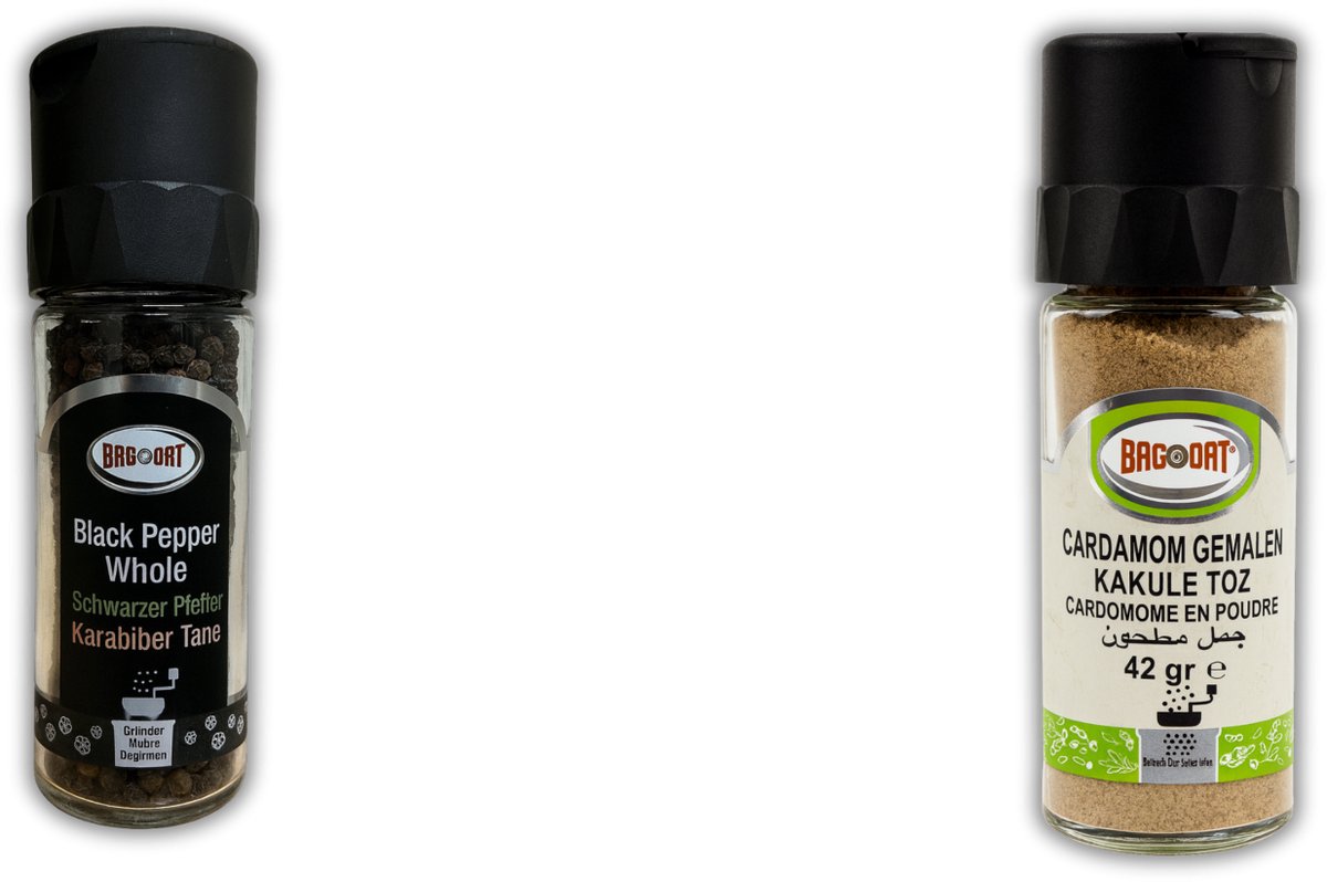 Bagdat Kardemom Gemalen + Peper Zwart Heel – 2-stuks