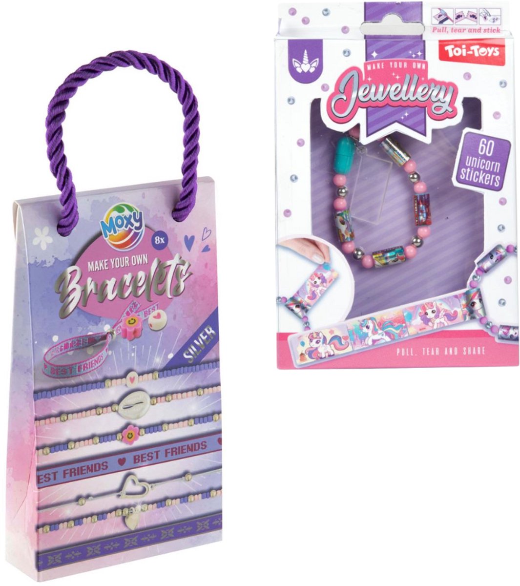 Creatieve Armbandjes Cadeauset – 1x Sticker Armband (Willekeurige Kleur) + 1x Make Your Own Bracelets (8x) Zilver – DIY Sieraden Maken voor Meisjes – Cadeautasje – Sinterklaas – Kerst