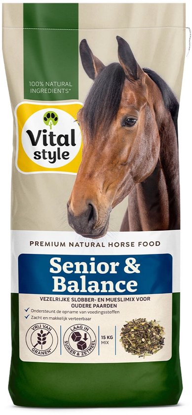 Vitalstyle Muesli Senior & Balance - Paardenvoer - Vezelrijke Slobber- en Mueslimix voor Oudere Paarden - 15 kg Vitalstyle Muesli Senior & Balance - Paardenvoer - Vezelrijke Slobber- en Mueslimix voor Oudere Paarden - 15 kg