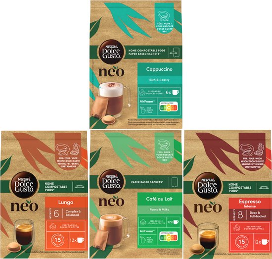 NESCAFÉ Dolce Gusto NEO koffiepads en sachets Latte mix pakket (Café au Lait, Cappuccino, Lungo en Espresso Intenso) - 4x12 pads/sachets voor 42 koppen koffie