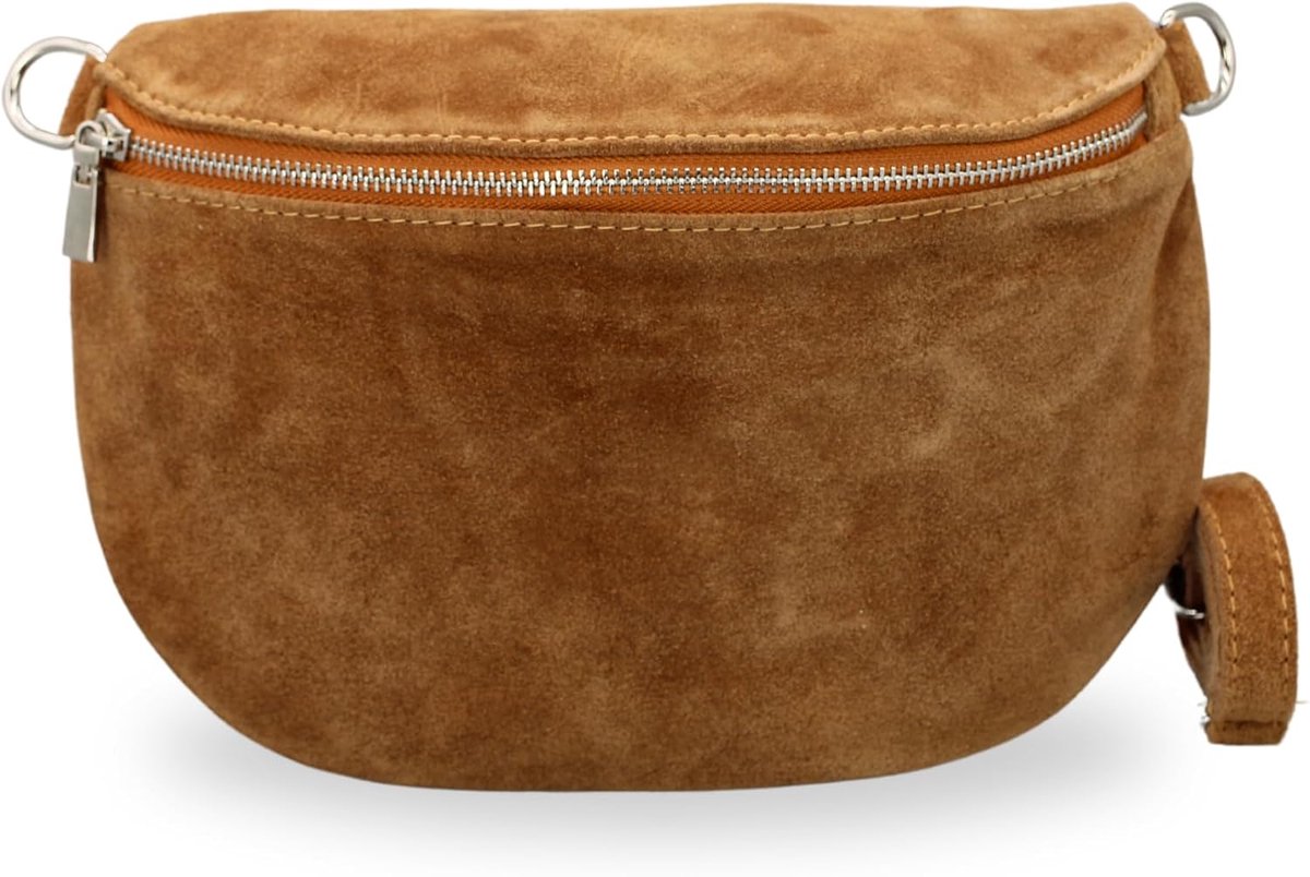 BELCHOME AFIA schoudertas voor dames, handgemaakte crossbodytas en heuptas van suède met leren riem en brede schouderband met patroon, 3 vakken, stijlvol, gemaakt in Italië, Cognacbruin