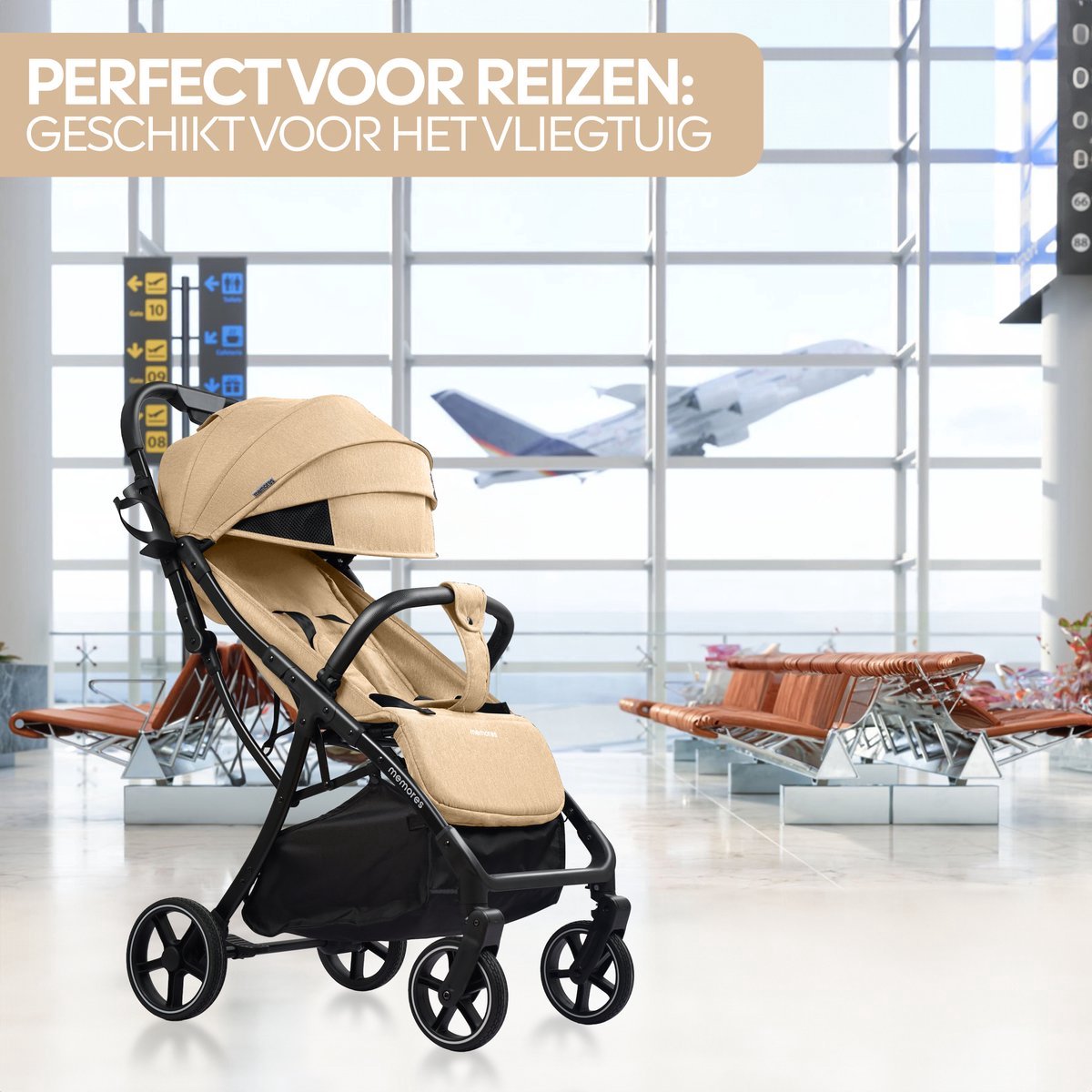Memores Plooibuggy Taupe - Buggy Inklapbaar - Inclusief Regenhoes en Bekerhouder - Peuter - Extra licht & Compact voor Vliegtuig, Auto & OV - Extra Veilig en Wendbaar door Grote Massieve Wielen - Tot 4 jaar - Kinderwagens - Wandelwagen - M1 – foto 8