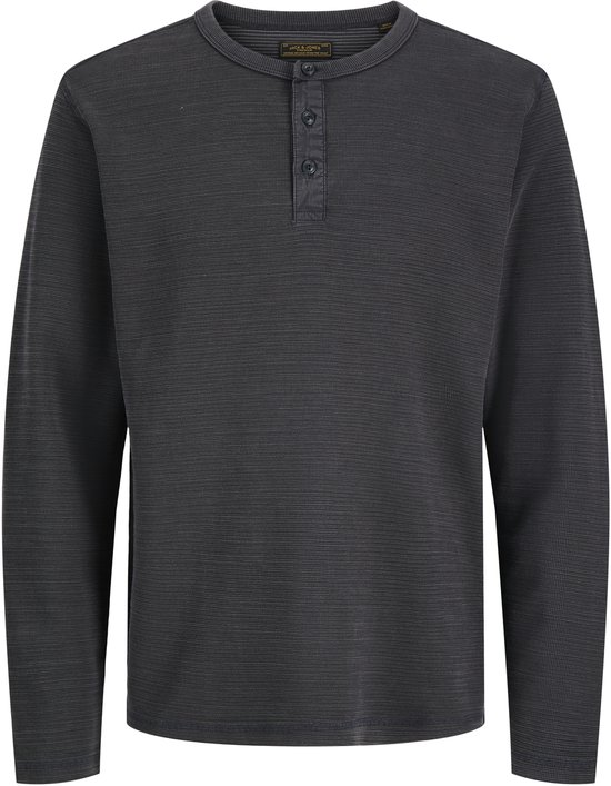 Donkergrijs lang shirt met knoopsluiting, fijne textuur en lange mouwen.