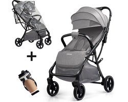 Memores Plooibuggy Grey - Buggy Inklapbaar - Inclusief Regenhoes en Bekerhouder - Peuter - Extra licht & Compact voor Vliegtuig, Auto & OV - Extra Veilig en Wendbaar door Grote Massieve Wielen - Tot 4 jaar - Kinderwagens - Wandelwagen - M1