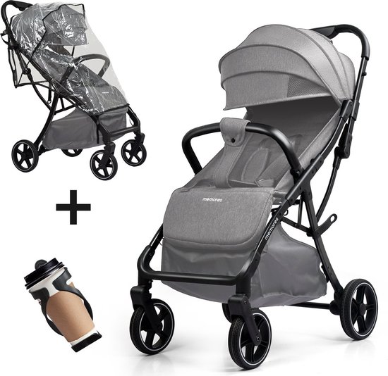 Memores Plooibuggy Grey - Buggy Inklapbaar - Inclusief Regenhoes en Bekerhouder - Peuter - Extra licht & Compact voor Vliegtuig, Auto & OV - Extra Veilig en Wendbaar door Grote Massieve Wielen - Tot 4 jaar - Kinderwagens - Wandelwagen - M1