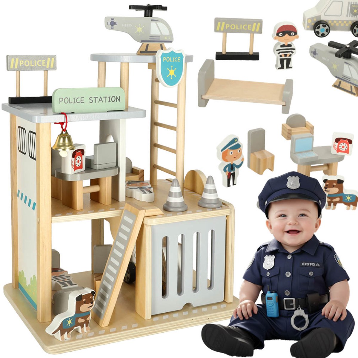 Playos® - Houten Politiebureau - met Accessoires - 30 x 22 x 36 cm - Rollenspel - Politie Speelgoed - Sinterklaas