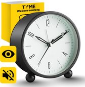 Tyme Wekker Analoog - Zonder Tikgeluid - Duidelijk leesbaar - Met Alarm - Reiswekker Incl. Verlichting - Kinderen tot Senioren - voor Slaapkamer - Zwart