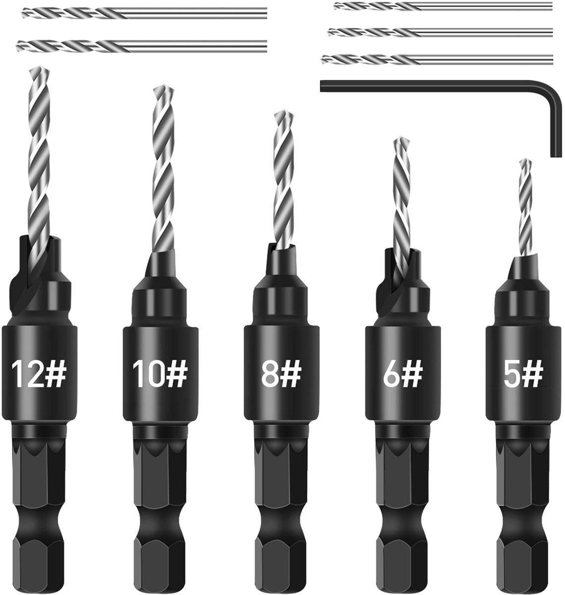 TRANKIELO® - Verzinkboorset 5-delig - Hoogwaardig HSS - 1/4" zeskantschacht - Multifunctioneel voor houtbewerking