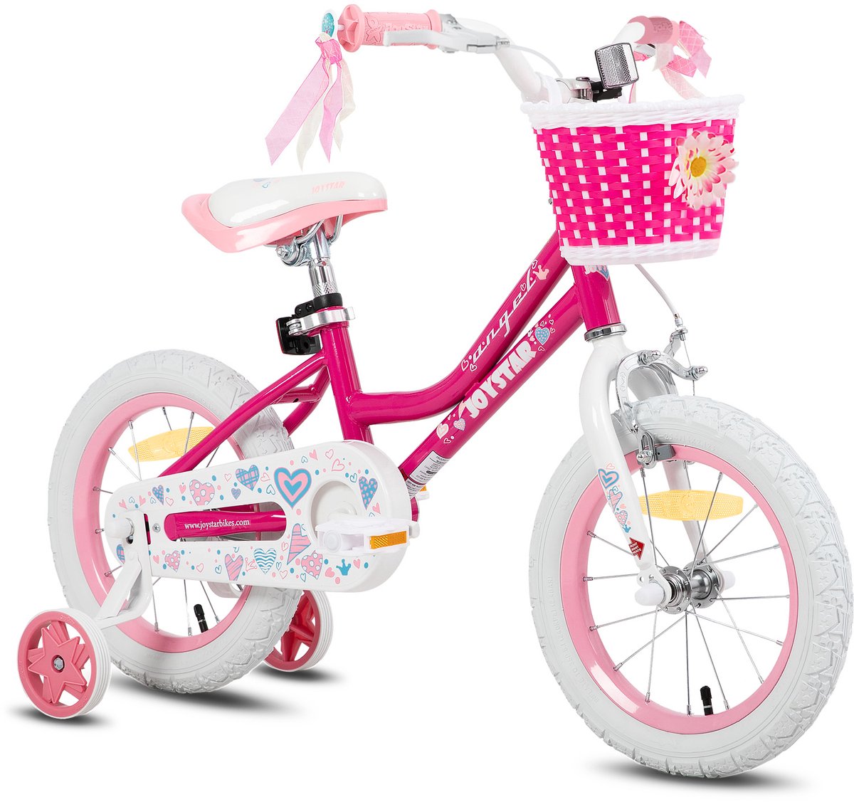 JOYSTAR Angel Meisjesfiets Verschillende Maten 16 Inch Met Zijwieltjes Handrem Inclusief Mandje Fuchsia
