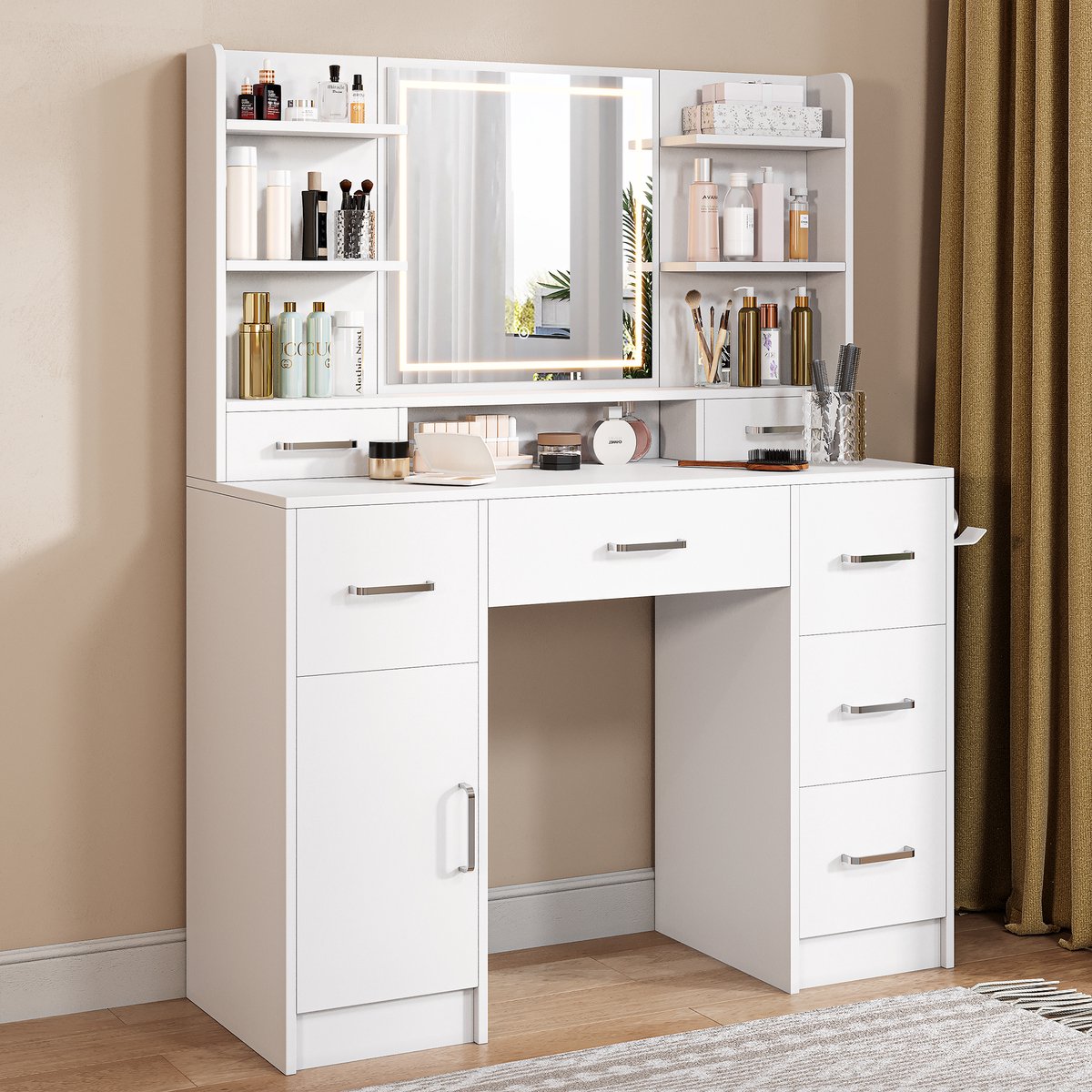 Kaptafel - Make-up Tafel met 3-Kleuren LED Spiegel, 2 Stopcontacten & USB Oplaadpoort, Föh