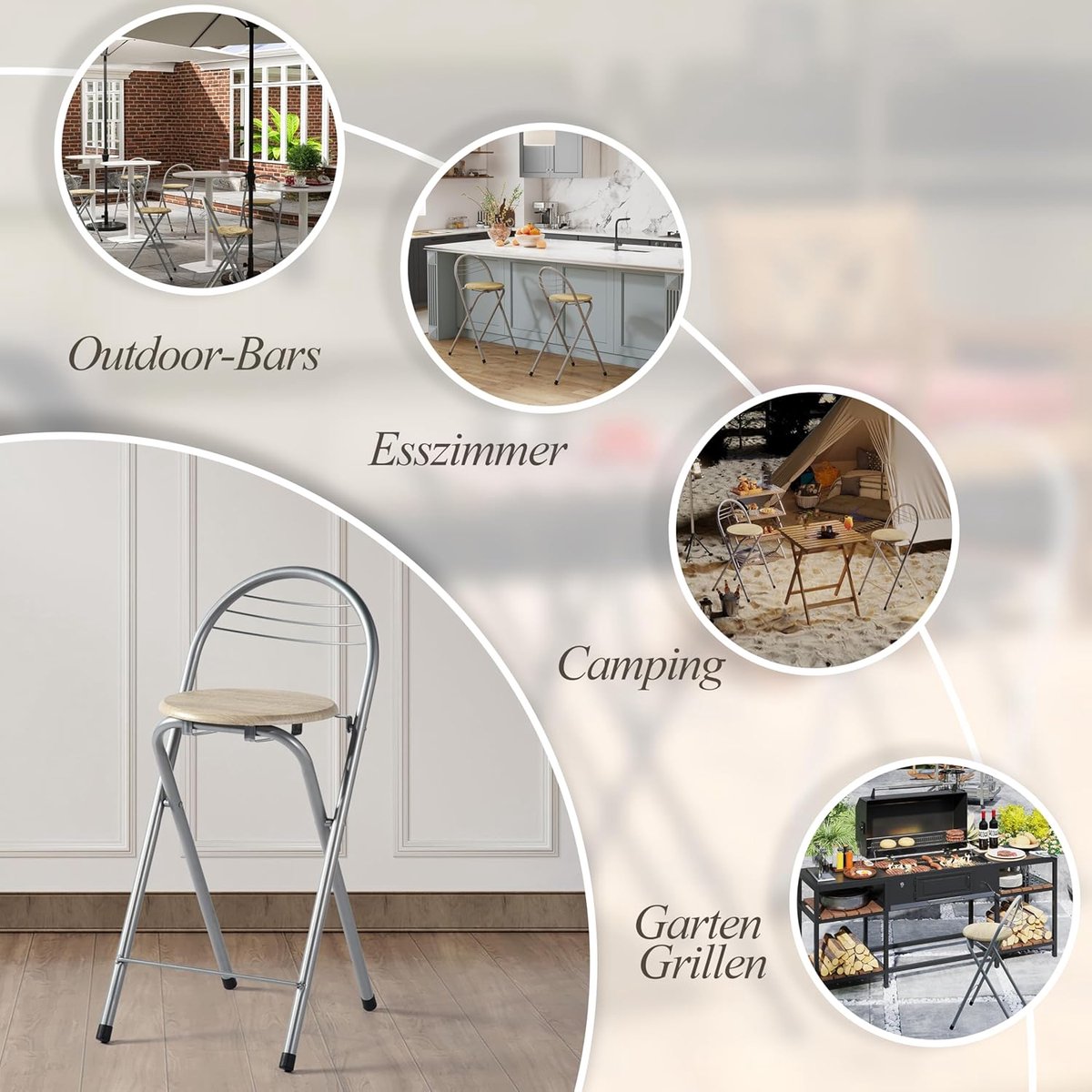 Klapstoel set van 4 inklapbare barkrukken 41x36,5x78 cm – Opvouwbare krukken met rugleuning, draagbaar, stevig metalen frame en houten zitting, voor binnen & buiten, camping, balkon, horeca – Altameubel