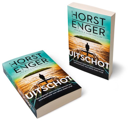 Twee boeken 'Uitschot' van Horst Enger, met een man op een pier.