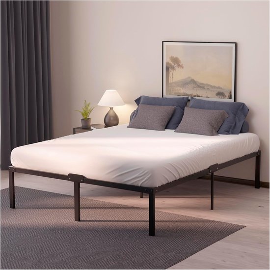 Stijlvol en Modern Metalen Bed 140 x 200 cm met Lattenbodem, Extra Opbergruimte en Stevig Frame – Zwart, Eenvoudige Montage