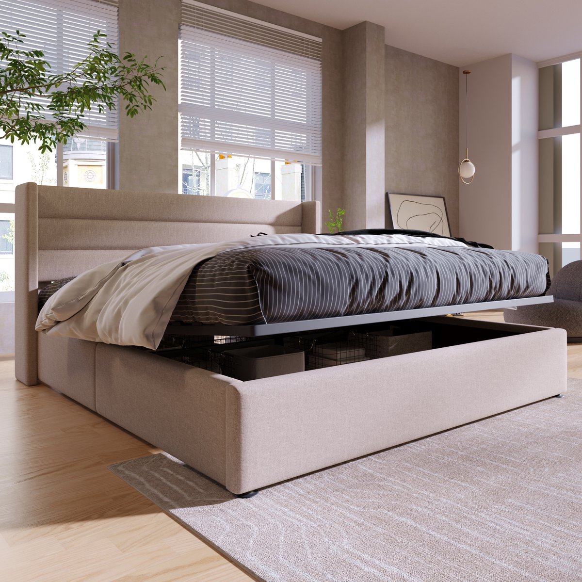 SHOPENTRA Opbergbed 160x200cm Beige met Gaslift - afbeelding 3