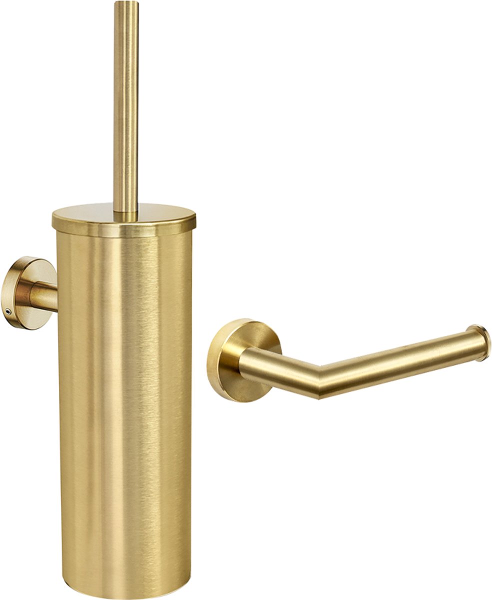 Toilet Borstel Houder Goud - Geborsteld Goud - Toiletaccessoireset 2-delig - Toiletborstelhouder - Toiletrolhouder - Messing - Gouden Toilet Accessoires
