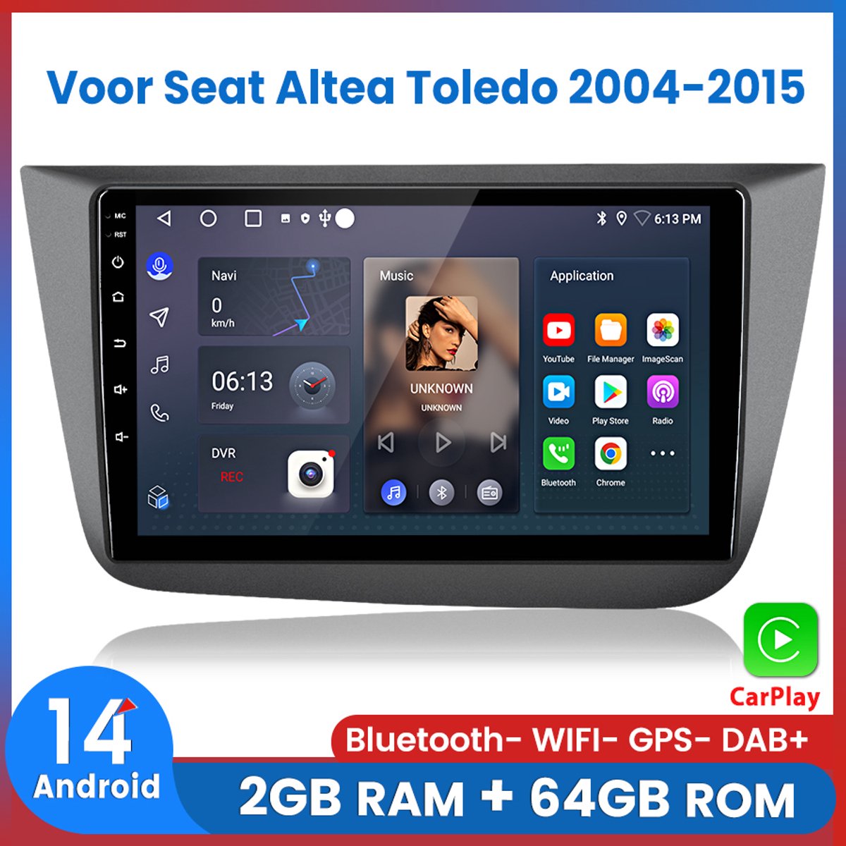 Awesafe Autoradio Geschikt Voor Seat Altea Toledo 2004 t/m 2015 - Android 14 - Draadloos Apple Carplay & Android Auto - 2GB + 64GB - 4 Core processor - Bluetooth & Wifi GPS Navigatie - 2004 2005 2006 2007 2008 2009 2010 2011 2012 2013 2014 2015