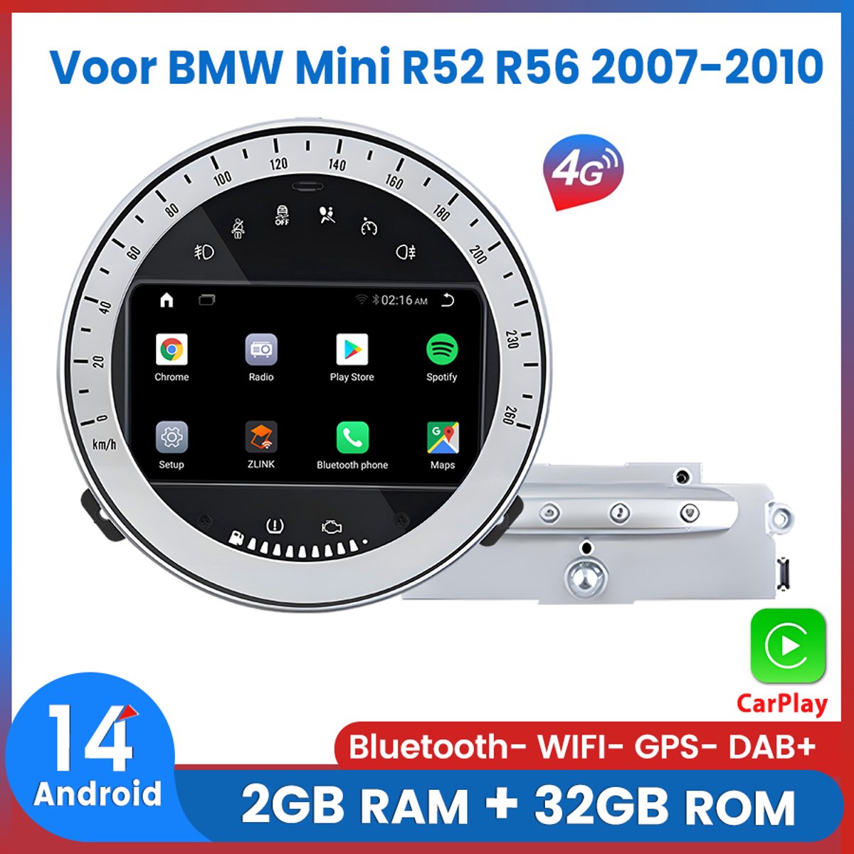 Awesafe Autoradio - Geschikt Voor BMW Mini R52 R56 2007 t/m 2010 - RAM 2GB + ROM 32GB - 8 Kern V1PRO - Draadloos Apple Carplay & Android auto - GPS Navigatie 4G WIFI - Ondersteuning invoegen 4G SIM - 2007 2008 2009 2010