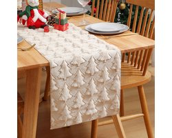 Kerst gewatteerde 3D tafelloper/tafelkleed met pailletten 30 x 230 cmKerstfeestversieringen, tafelkleden voor in de winkel(gebroken wit)