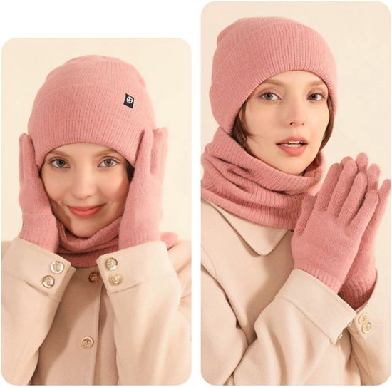 Acheter Ensemble bonnet, écharpe, gants tricotés en trois pièces pour femme, bonnet tricoté chaud d'hiver avec polaire, protection des oreilles pour cyclisme en plein air, bonnet tricoté avec fil